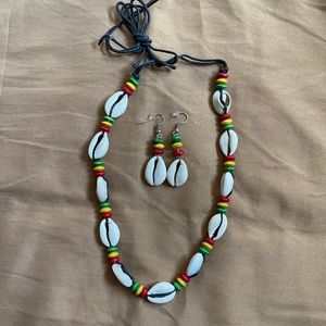 Handmade Genuine Cowrie Puka Shell Jamaican Rasta Necklace & Earrings Set